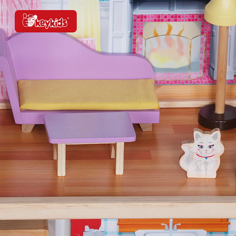 Wooden 4-Story Dollhouse with 9 Fully Furnished Rooms, Balcony, Piano, Bathtub, Movable Furniture for Kids Pretend Play W06A358C